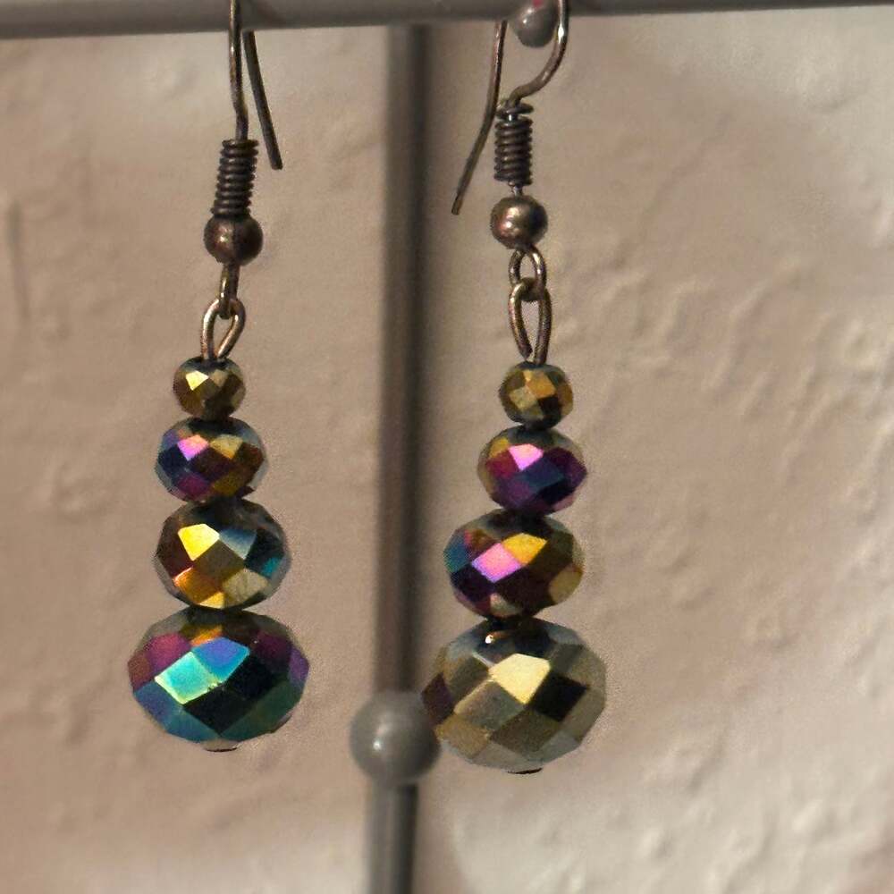 Aurora Borealis Black Crystal Beaded Drop Earrings with Silver Tone Accents